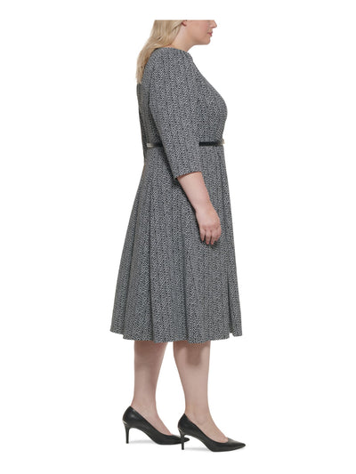 CALVIN KLEIN Womens Black Stretch Zippered Belted Herringbone Pouf Sleeve Round Neck Midi Wear To Work A-Line Dress Plus 18W