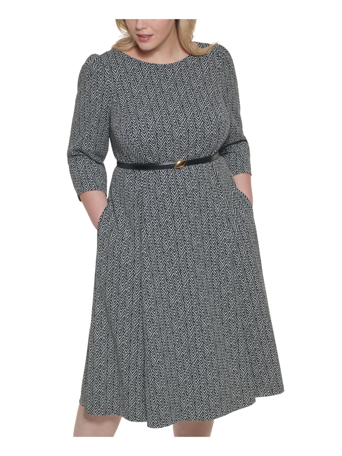 CALVIN KLEIN Womens Black Stretch Zippered Belted Herringbone Pouf Sleeve Round Neck Midi Wear To Work A-Line Dress