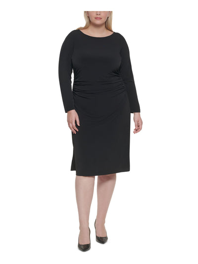 CALVIN KLEIN Womens Black Stretch Ruched Zippered Long Sleeve Round Neck Midi Wear To Work Sheath Dress Plus 18W