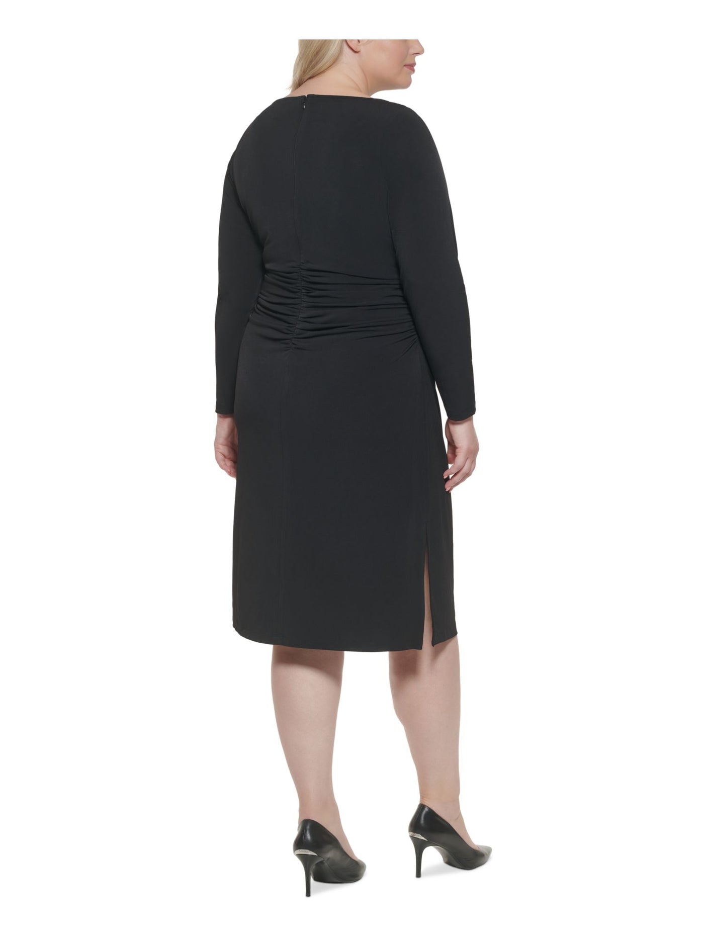 CALVIN KLEIN Womens Stretch Ruched Zippered Long Sleeve Round Neck Midi Wear To Work Sheath Dress