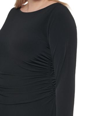 CALVIN KLEIN Womens Black Stretch Ruched Zippered Long Sleeve Round Neck Midi Wear To Work Sheath Dress Plus 16W