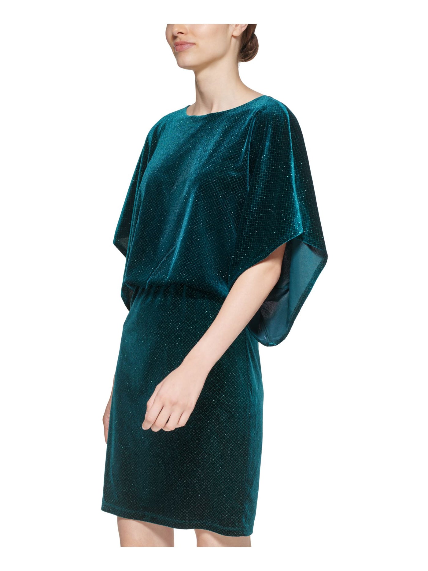 JESSICA HOWARD Womens Green Stretch Metallic Cut Out Velvet Printed Dolman Sleeve Boat Neck Above The Knee Cocktail Blouson Dress 12