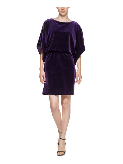 JESSICA HOWARD Womens Purple Stretch Metallic Cut Out Velvet Printed Dolman Sleeve Boat Neck Above The Knee Cocktail Blouson Dress 12