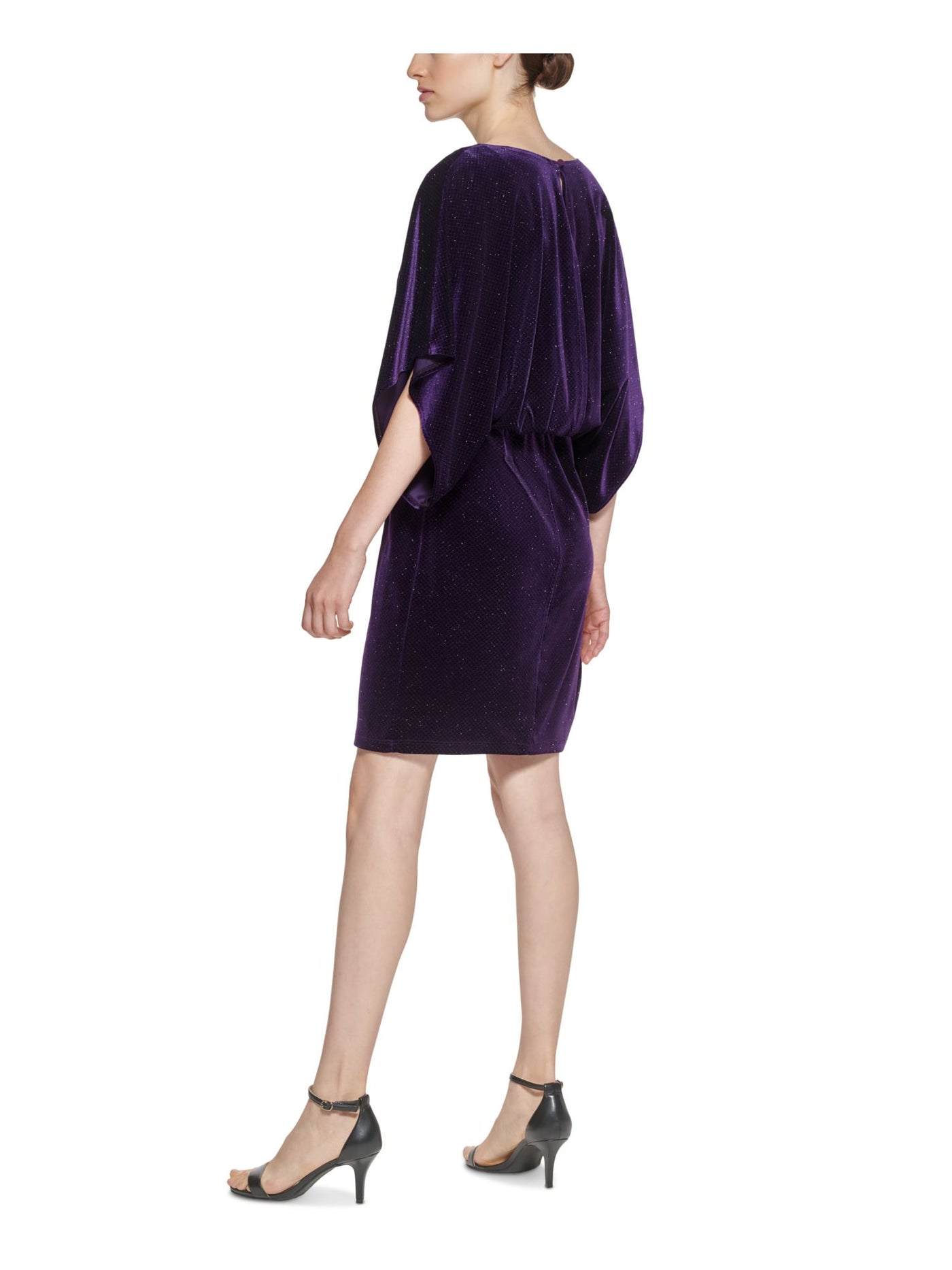 JESSICA HOWARD Womens Purple Stretch Metallic Cut Out Velvet Printed Dolman Sleeve Boat Neck Above The Knee Cocktail Blouson Dress 12
