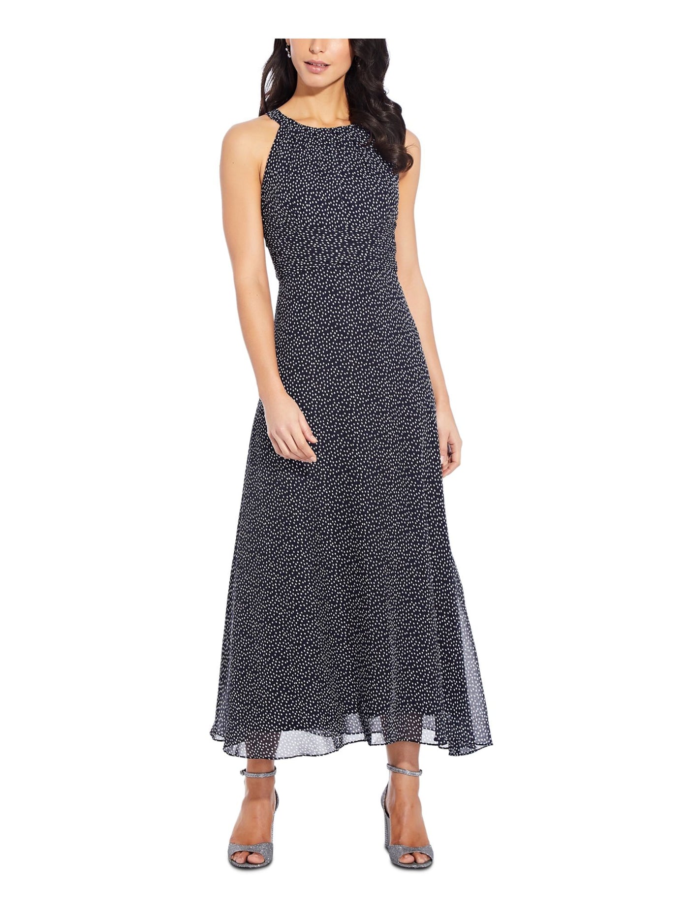 ADRIANNA PAPELL Womens Navy Belted Pleated Lined Polka Dot Sleeveless Halter Midi Evening Fit + Flare Dress Petites 16P