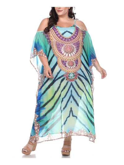 WHITE MARK Womens Green Cold Shoulder Sheer Caftan Bell Sleeve Scoop Neck Maxi Shift Dress Plus ONE SIZE