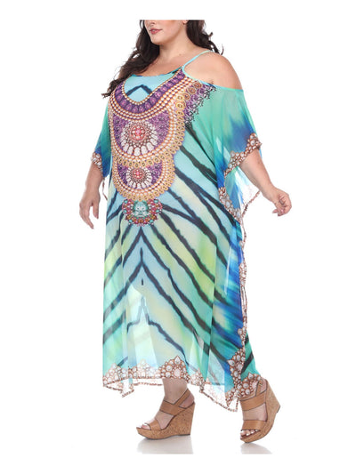 WHITE MARK Womens Green Cold Shoulder Sheer Caftan Bell Sleeve Scoop Neck Maxi Shift Dress Plus ONE SIZE