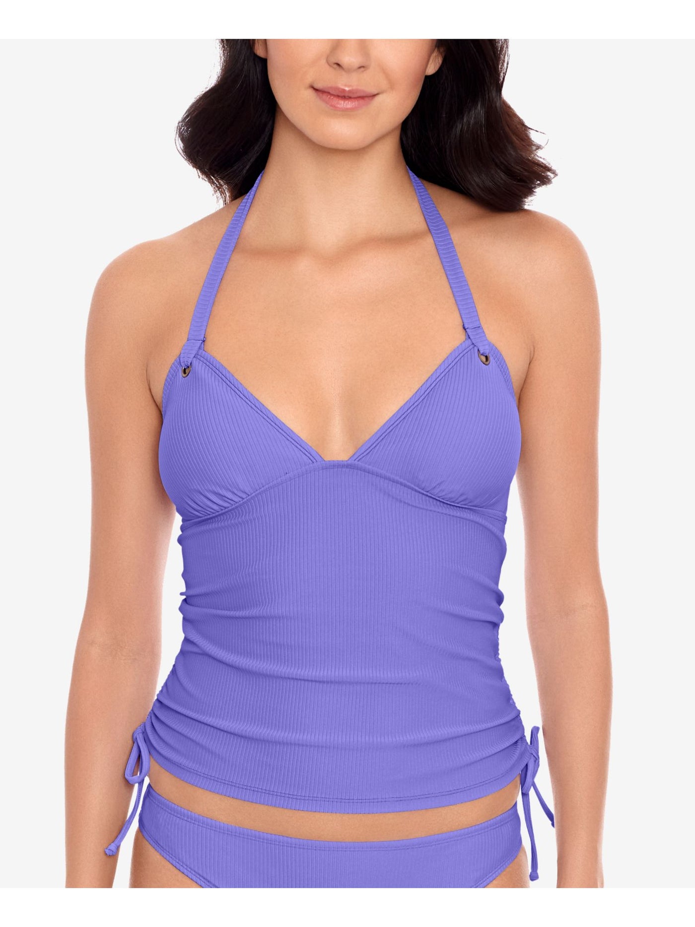 SALT + COVE Women's Purple Stretch Removable Cups Lined Strappy Ribbed Deep V Neck Preppy Halter Tankini Swimsuit Top M