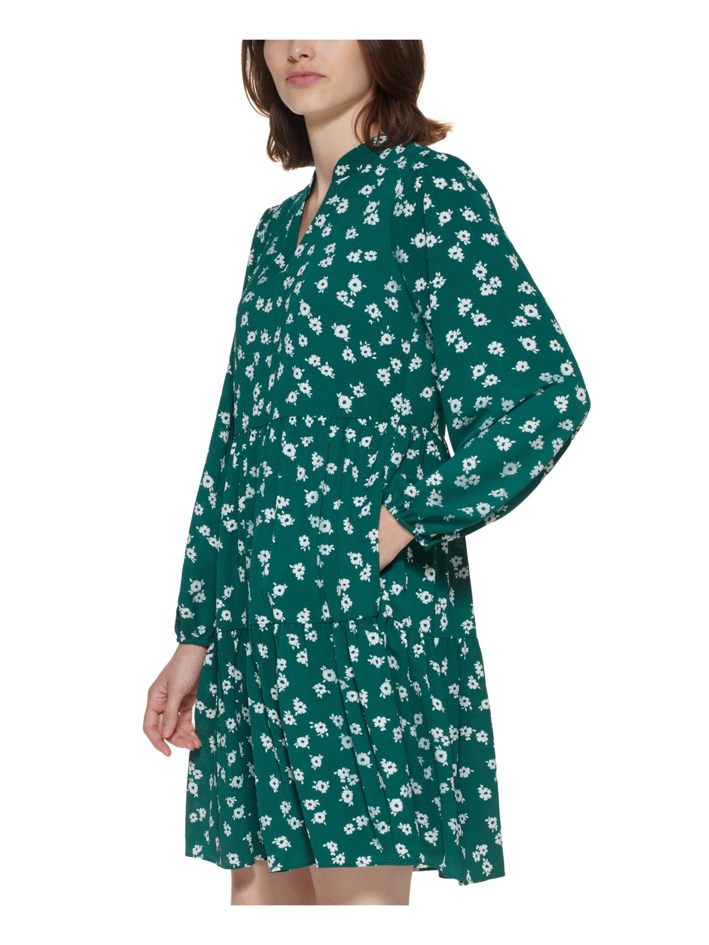 JESSICA HOWARD Womens Green Zippered Pocketed Tiered Skirt Lined Floral Balloon Sleeve V Neck Above The Knee Party Baby Doll Dress Petites 4P