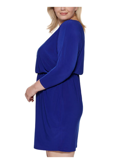 JESSICA HOWARD Womens Blue Lined Pullover Long Sleeve Boat Neck Above The Knee Wear To Work Blouson Dress Plus 22W