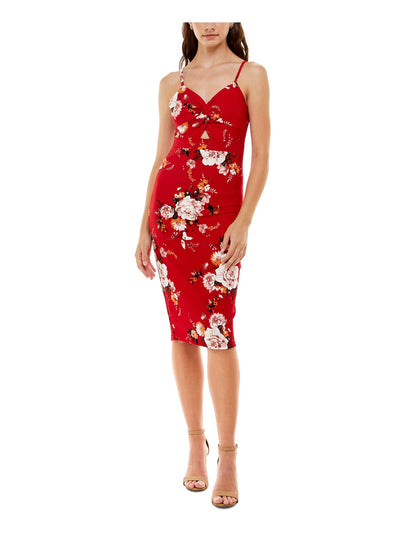 ALMOST FAMOUS Womens Red Stretch Twist Front Jersey-knit Peekaboo-keyhole Floral Spaghetti Strap Sweetheart Neckline Knee Length Party Body Con Dress Juniors M