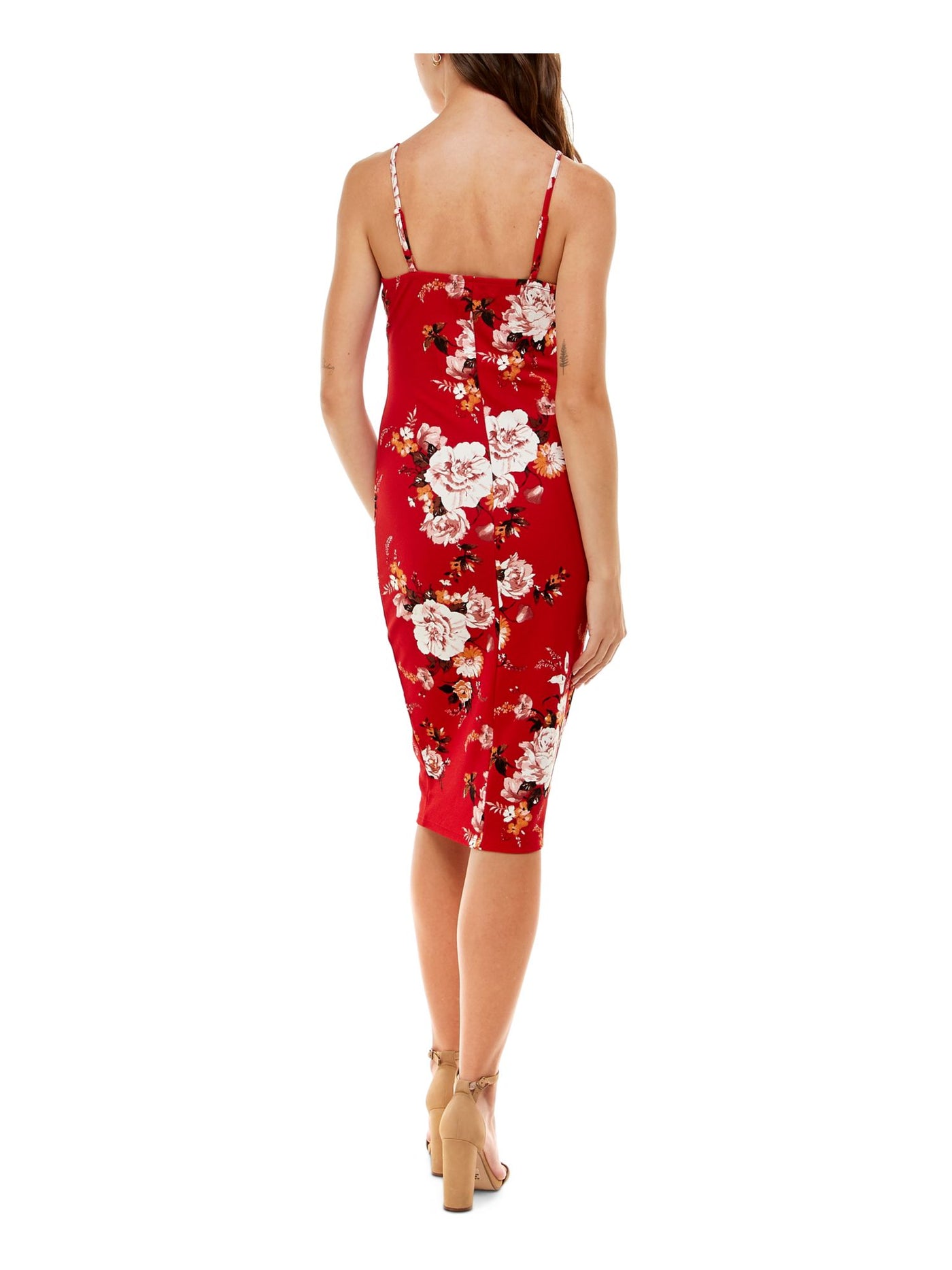 ALMOST FAMOUS Womens Red Stretch Twist Front Jersey-knit Peekaboo-keyhole Floral Spaghetti Strap Sweetheart Neckline Knee Length Party Body Con Dress Juniors M
