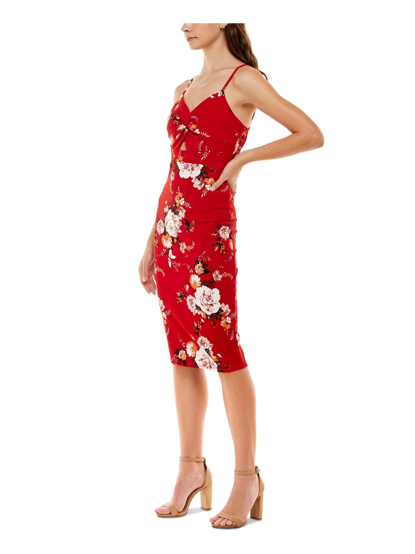 ALMOST FAMOUS Womens Red Stretch Twist Front Jersey-knit Peekaboo-keyhole Floral Spaghetti Strap Sweetheart Neckline Knee Length Party Body Con Dress Juniors M