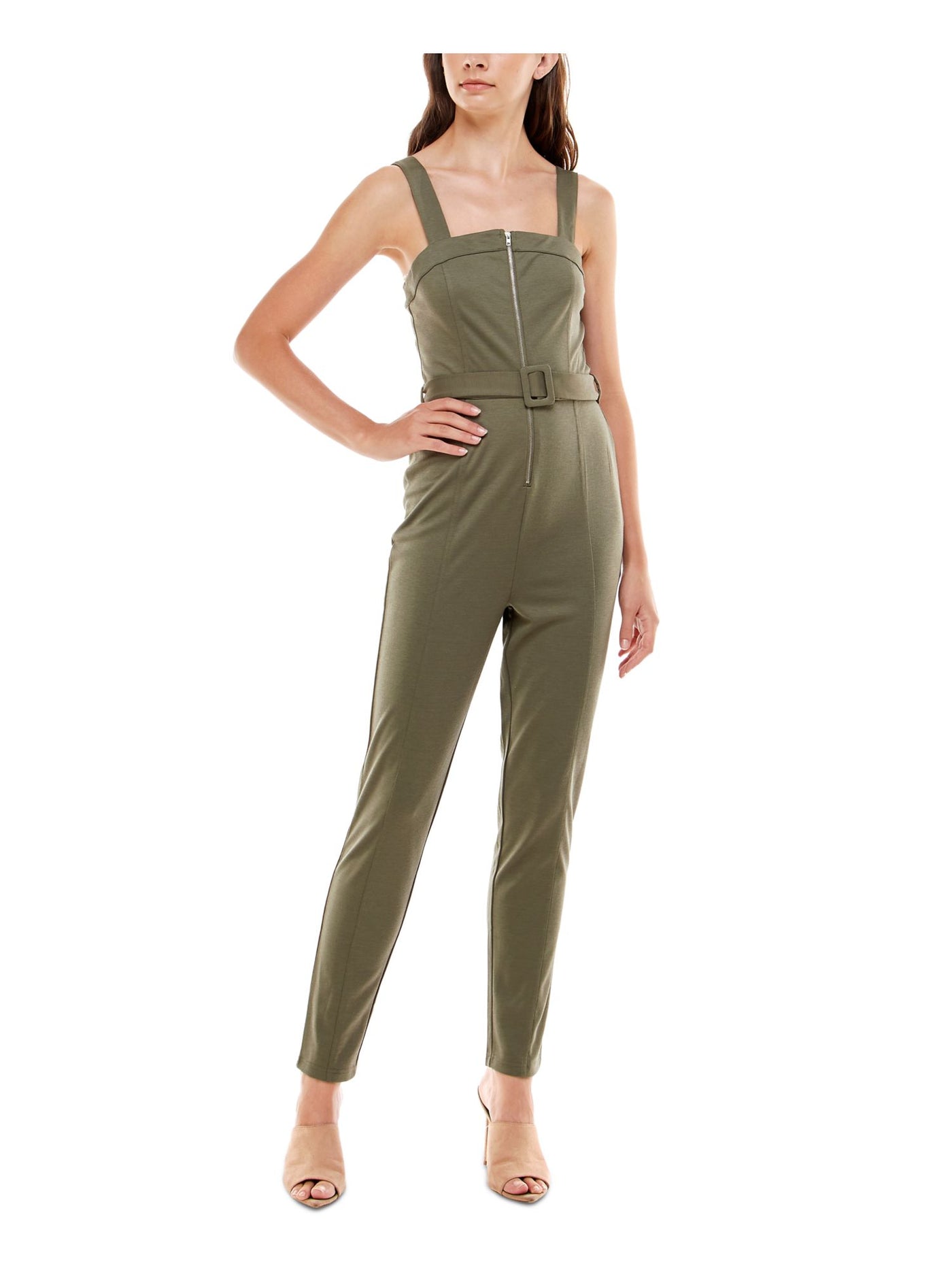 ALMOST FAMOUS Womens Green Belted Zippered Sleeveless Square Neck Skinny Jumpsuit Juniors M