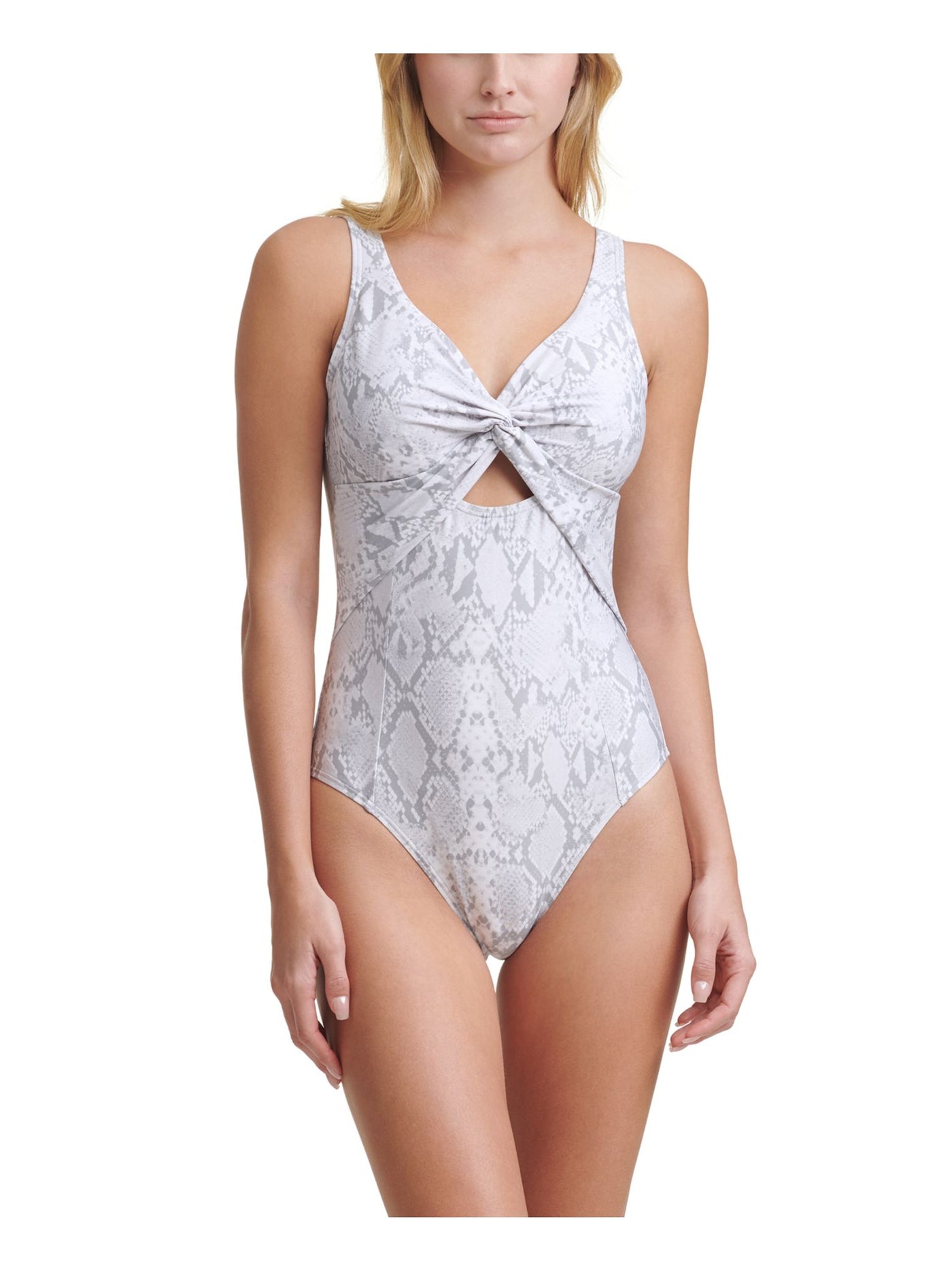 DKNY Women's White Snake Print Stretch REMOVABLE CUPS Deep V Neck Moderate Coverage One Piece Swimsuit 10