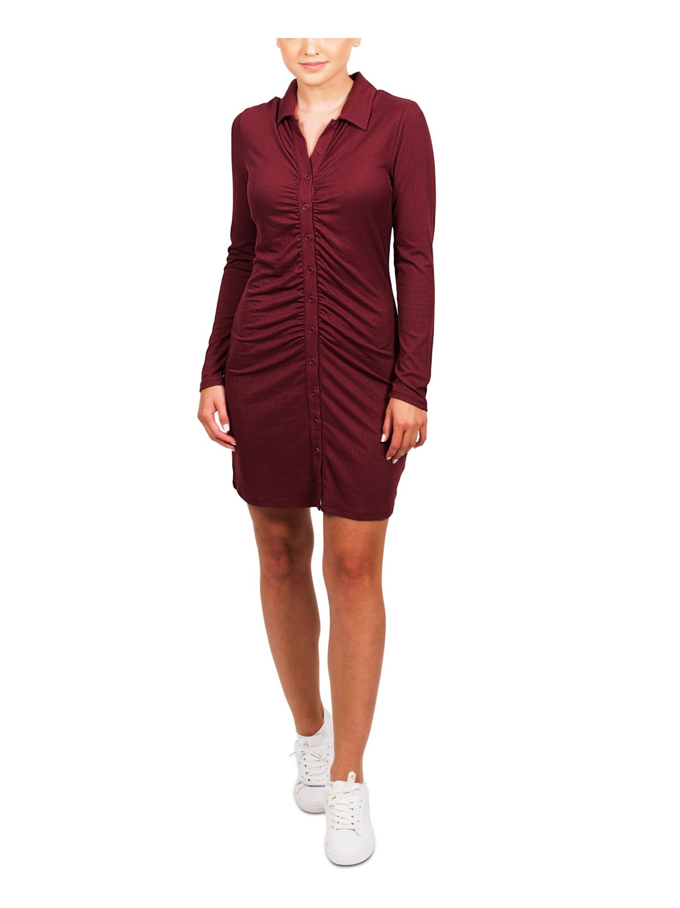 HIPPIE ROSE Womens Burgundy Stretch Ribbed Ruched Button Down Long Sleeve Collared Short Body Con Dress XS