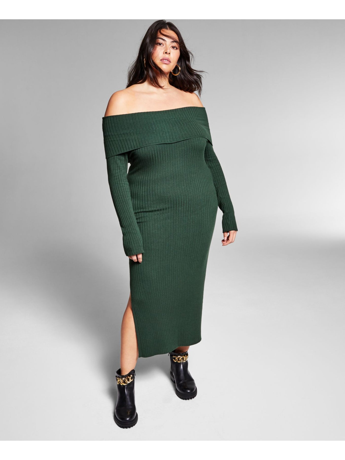 INC Womens Green Stretch Ribbed Lined Long Sleeve Off Shoulder Maxi Party Sheath Dress Plus 2X