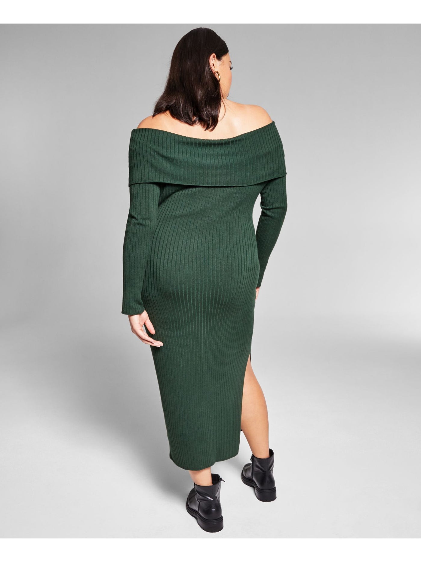 INC Womens Green Stretch Ribbed Lined Long Sleeve Off Shoulder Maxi Party Sheath Dress Plus 2X