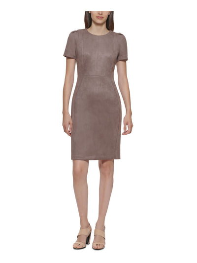 CALVIN KLEIN Womens Brown Zippered Scuba-suede Short Sleeve Round Neck Short Wear To Work Sheath Dress 10