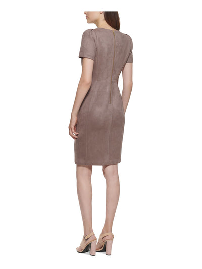 CALVIN KLEIN Womens Brown Zippered Scuba-suede Short Sleeve Round Neck Short Wear To Work Sheath Dress 10