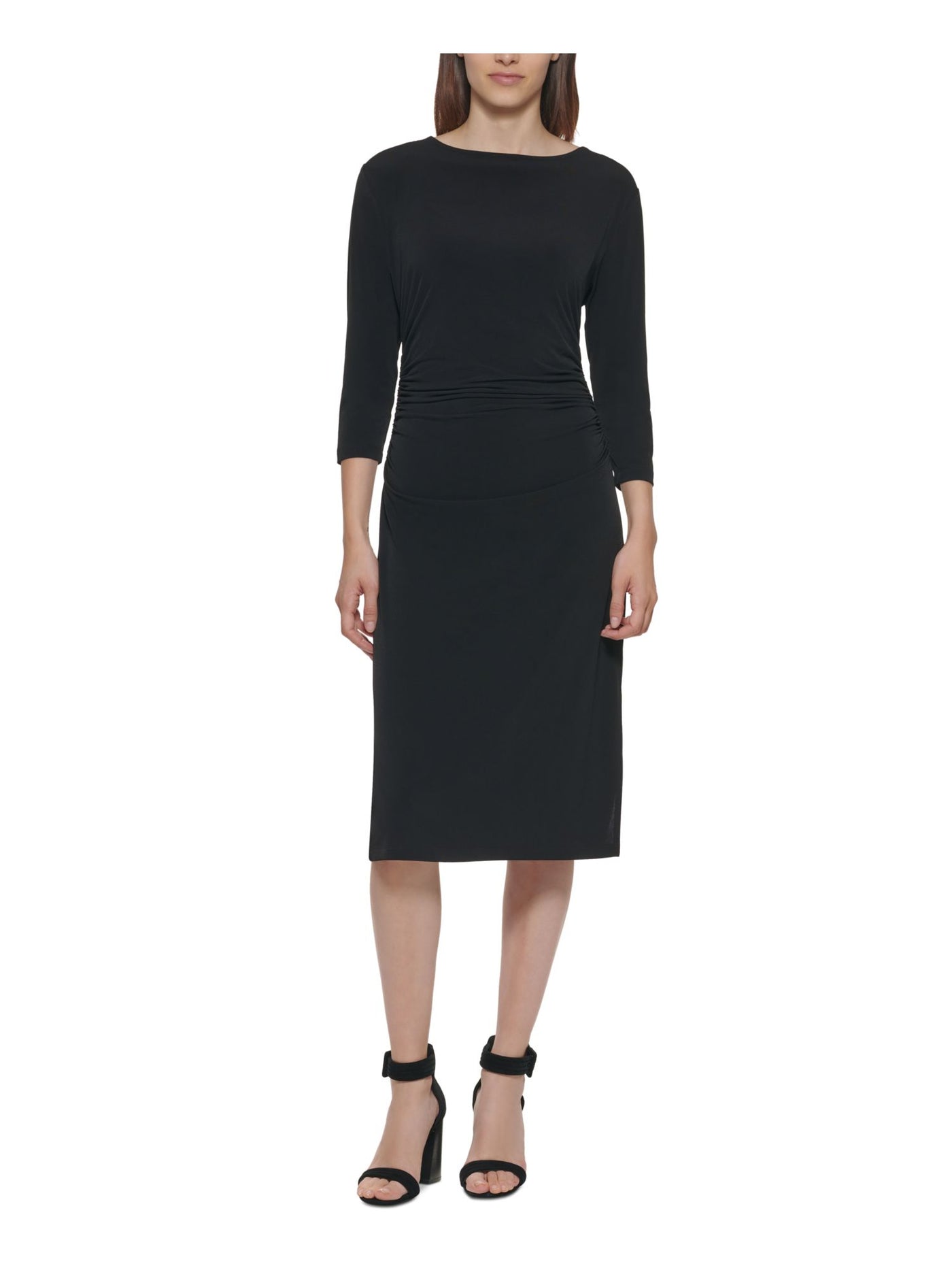 CALVIN KLEIN Womens Stretch Ruched Zippered 3/4 Sleeve Boat Neck Below The Knee Evening Sheath Dress