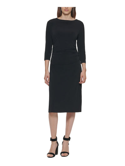 CALVIN KLEIN Womens Black Stretch Ruched Zippered 3/4 Sleeve Boat Neck Below The Knee Evening Sheath Dress 16