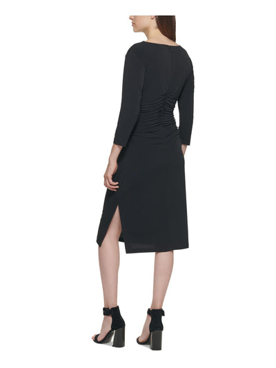 CALVIN KLEIN Womens Black Stretch Ruched Zippered 3/4 Sleeve Boat Neck Below The Knee Evening Sheath Dress 4