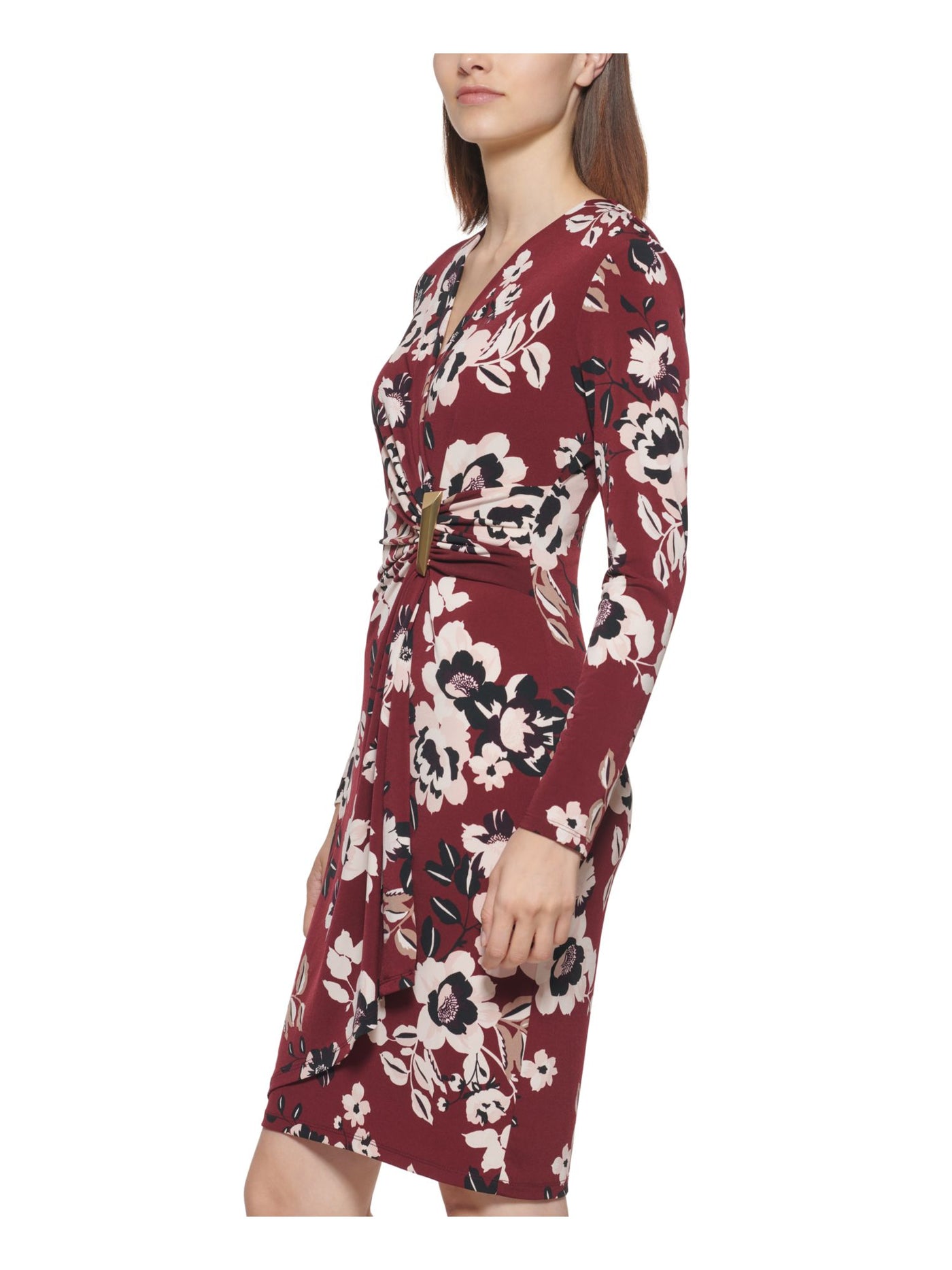 CALVIN KLEIN Womens Maroon Stretch Zippered Ruched Floral Long Sleeve Surplice Neckline Below The Knee Evening Faux Wrap Dress 12