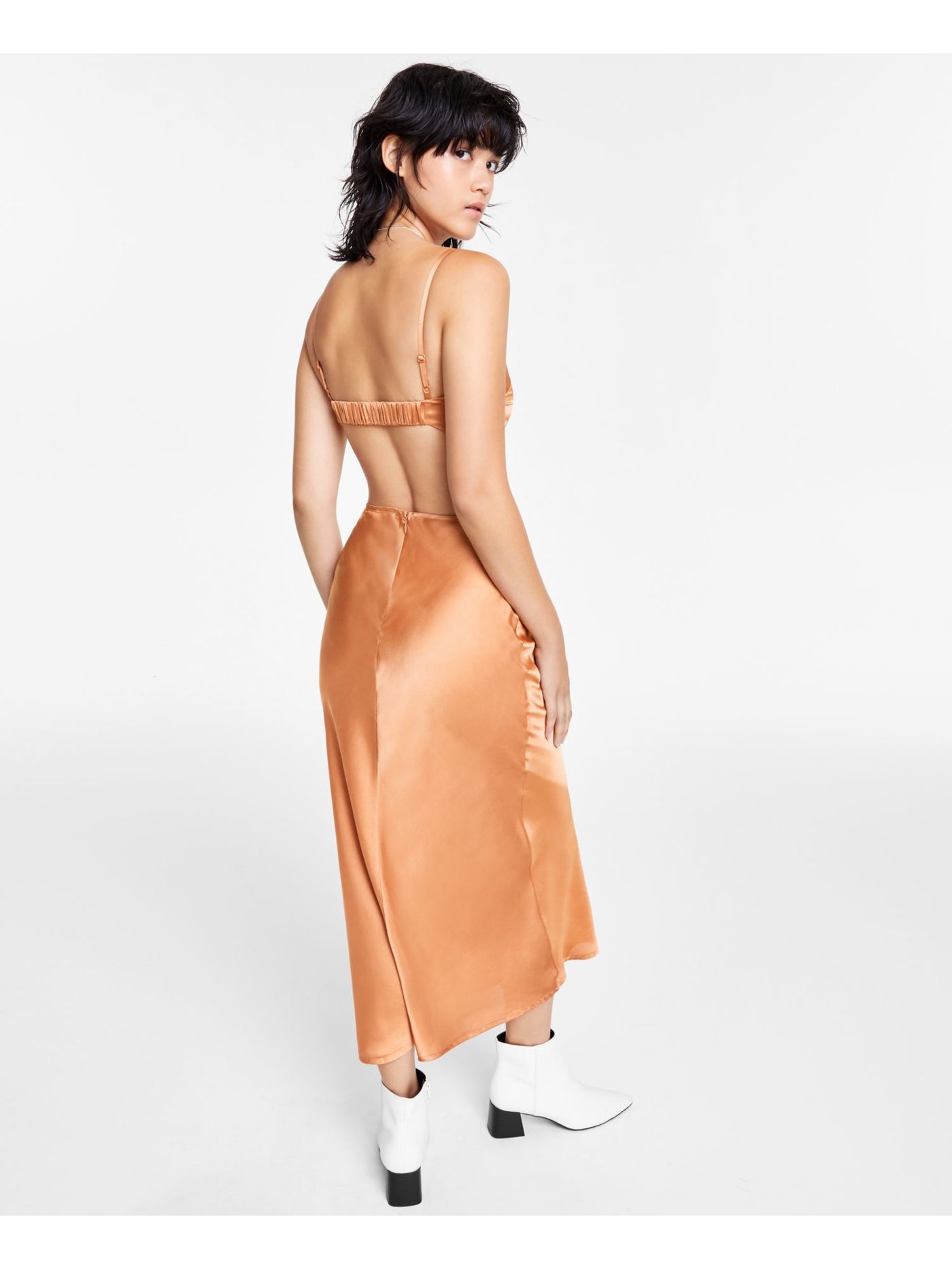 DIZZY LIZZY Womens Orange Cut Out Zippered Elastic Back-strap Sleeveless Square Neck Midi Party Body Con Dress L