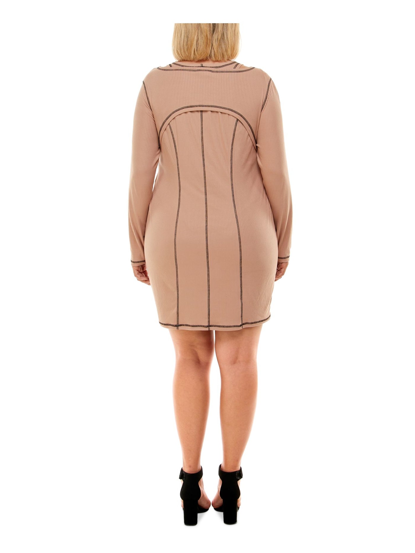 ULTRA FLIRT Womens Beige Stretch Ribbed Shrug Long Sleeve Scoop Neck Short Cocktail Body Con Dress 2X