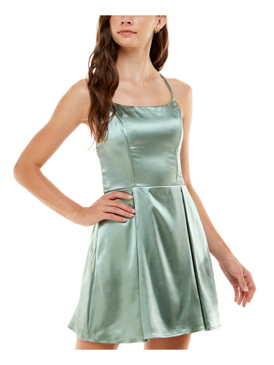 SPEECHLESS Womens Green Stretch Zippered Pleated Strappy-back Satin Tie Spaghetti Strap Scoop Neck Mini Party Fit + Flare Dress Juniors 9