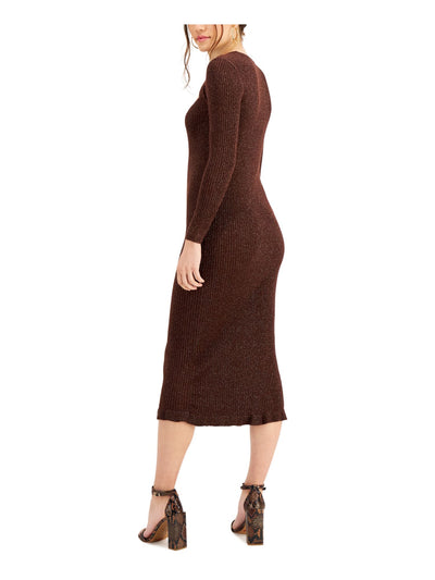 LUCY PARIS Womens Brown Ribbed Textured Front Cut Out Unlined Long Sleeve Scoop Neck Below The Knee Evening Body Con Dress XL