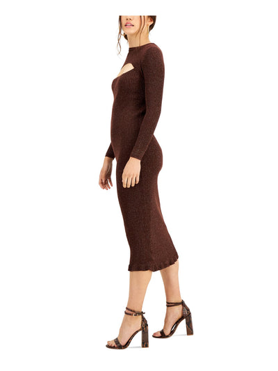 LUCY PARIS Womens Brown Ribbed Textured Front Cut Out Unlined Long Sleeve Scoop Neck Below The Knee Evening Body Con Dress XL