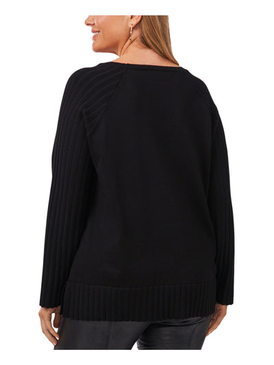 VINCE CAMUTO Womens Black Ribbed Vented Hem Long Sleeve V Neck Sweater Plus 2X