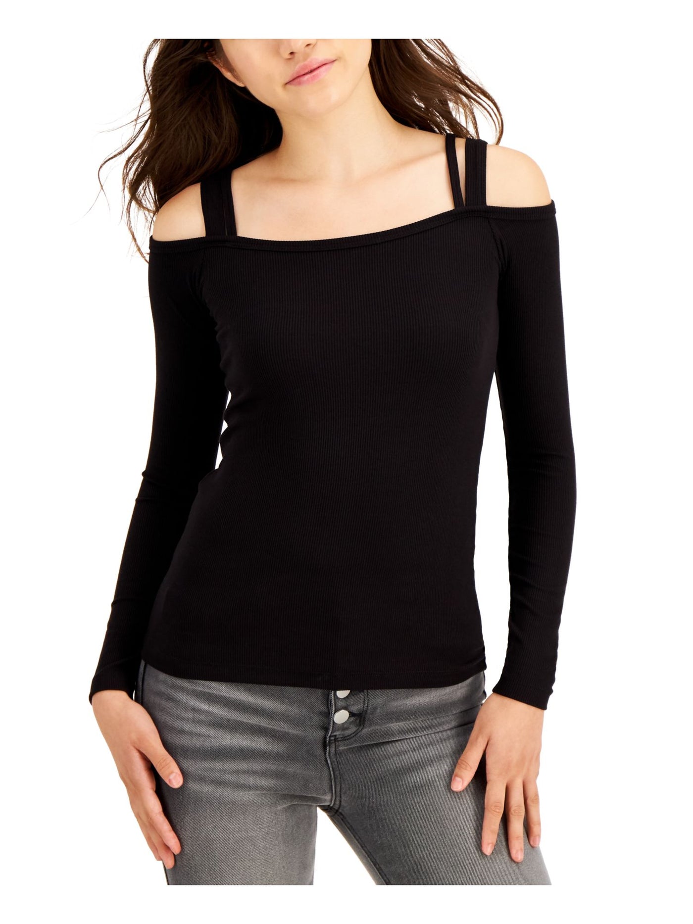 LNA CLOTHING Womens Black Cold Shoulder Ribbed Long Sleeve Square Neck Top L