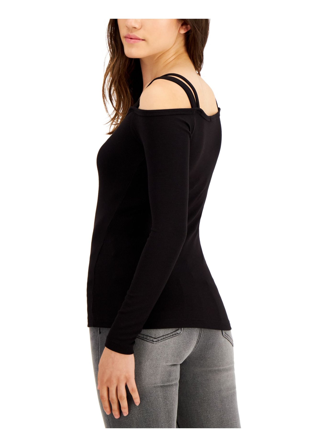 LNA CLOTHING Womens Black Cold Shoulder Ribbed Long Sleeve Square Neck Top L