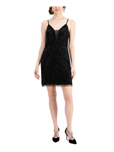 JKARA Womens Sequined Zippered Spaghetti Strap V Neck Mini Cocktail Sheath Dress