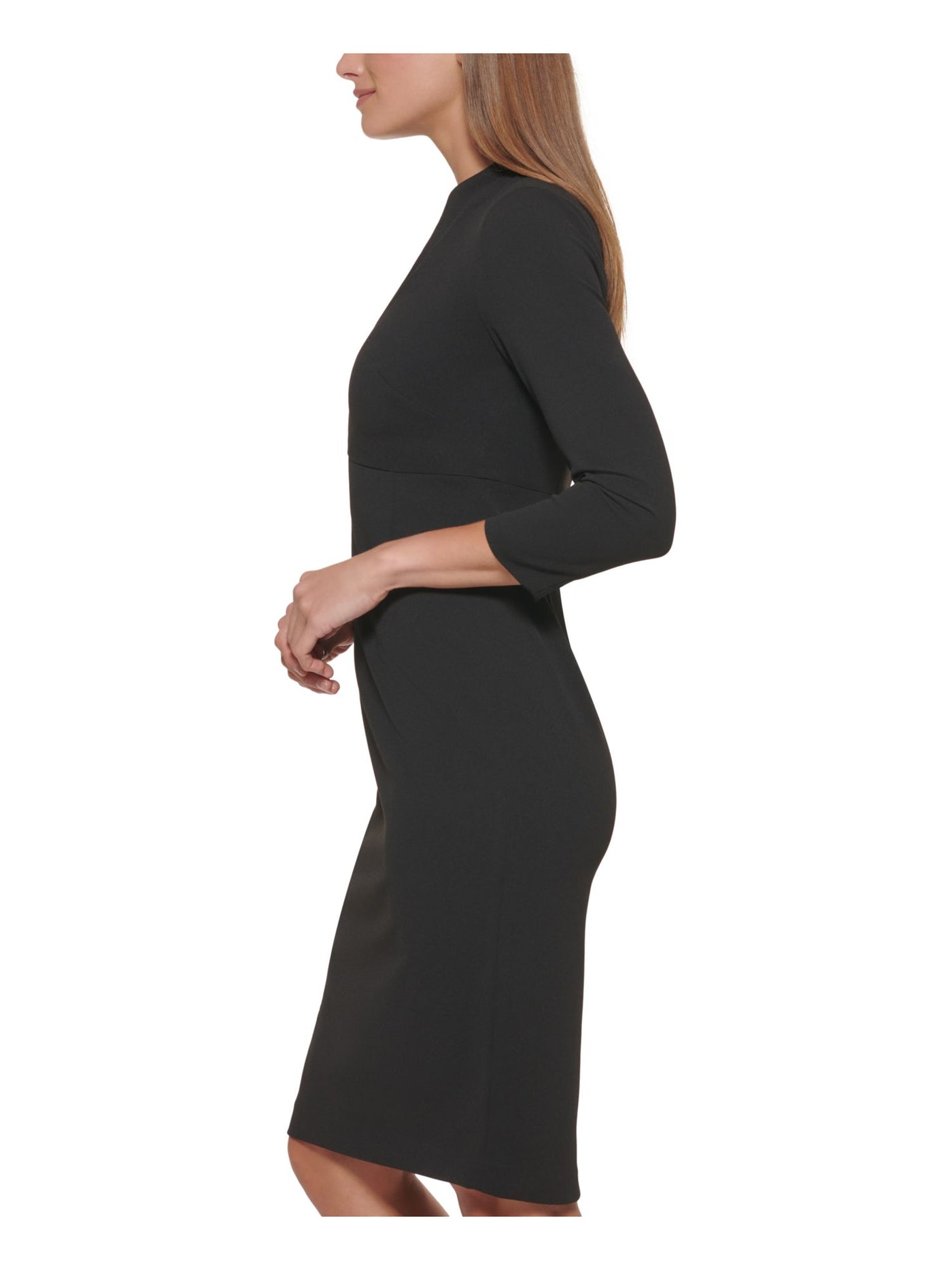 CALVIN KLEIN Womens Black Stretch Zippered 3/4 Sleeve Split Above The Knee Wear To Work Sheath Dress Petites 0P