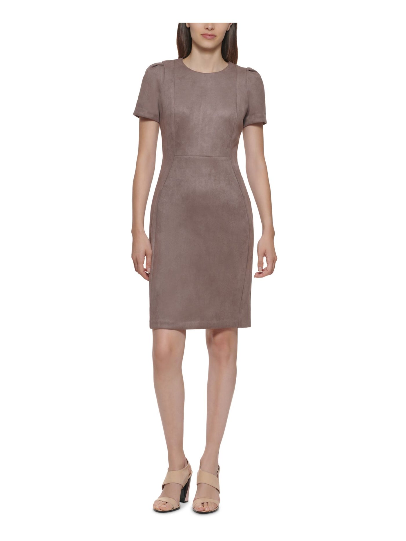 CALVIN KLEIN Womens Brown Stretch Zippered Fitted Pouf Sleeve Jewel Neck Above The Knee Party Sheath Dress Petites 4P