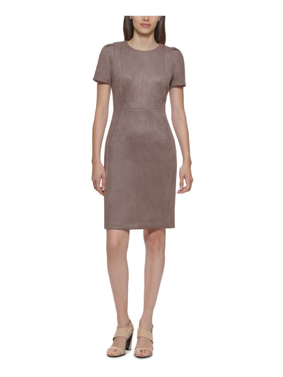CALVIN KLEIN Womens Brown Stretch Zippered Fitted Pouf Sleeve Jewel Neck Above The Knee Party Sheath Dress Petites 4P