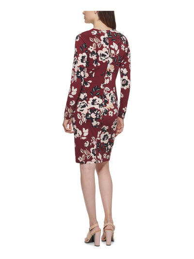 CALVIN KLEIN Womens Maroon Ruched Hardware Detail Unlined Floral Long Sleeve Surplice Neckline Above The Knee Party Faux Wrap Dress Petites 2P