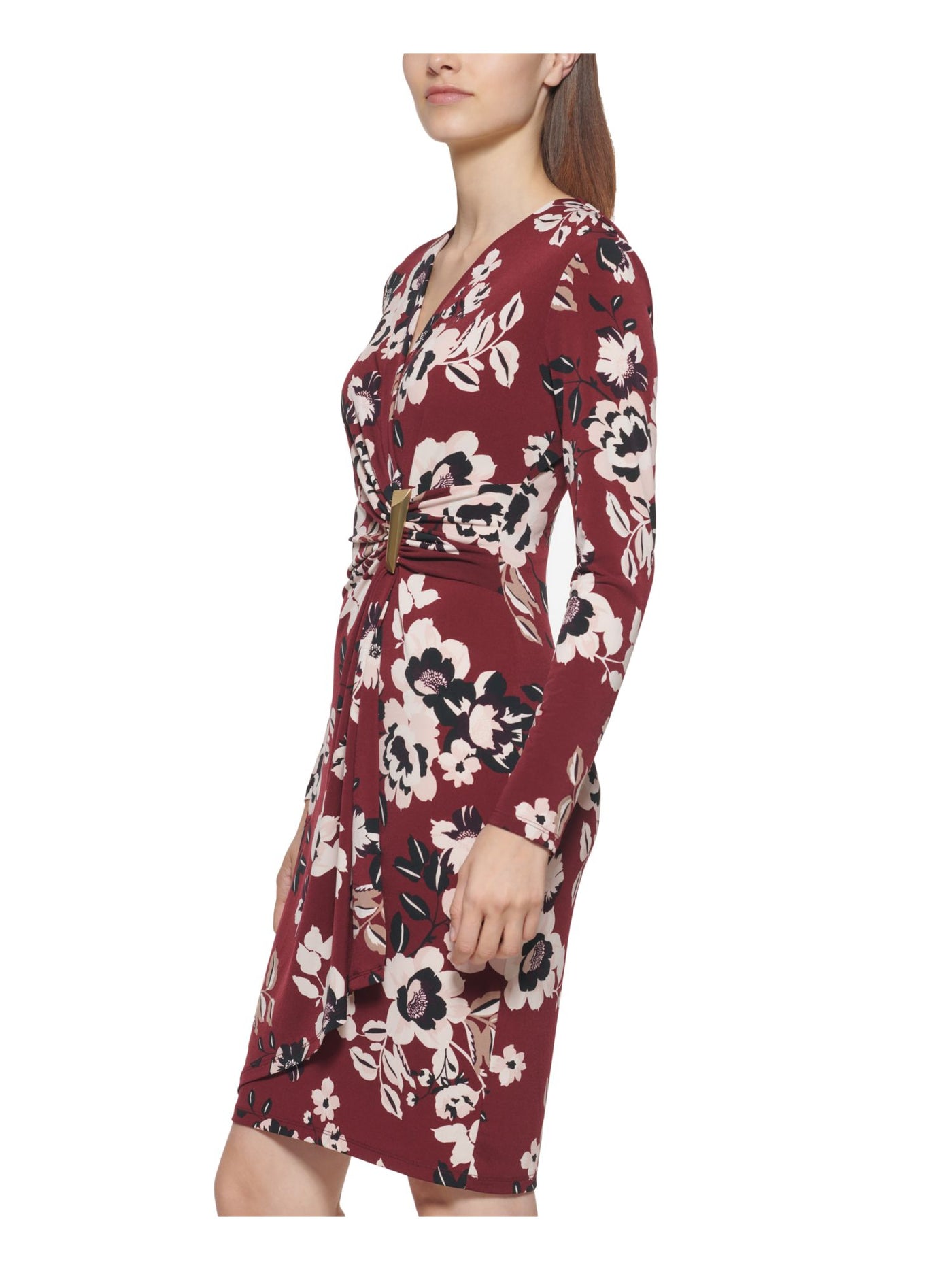 CALVIN KLEIN Womens Maroon Ruched Hardware Detail Unlined Floral Long Sleeve Surplice Neckline Above The Knee Party Faux Wrap Dress Petites 2P