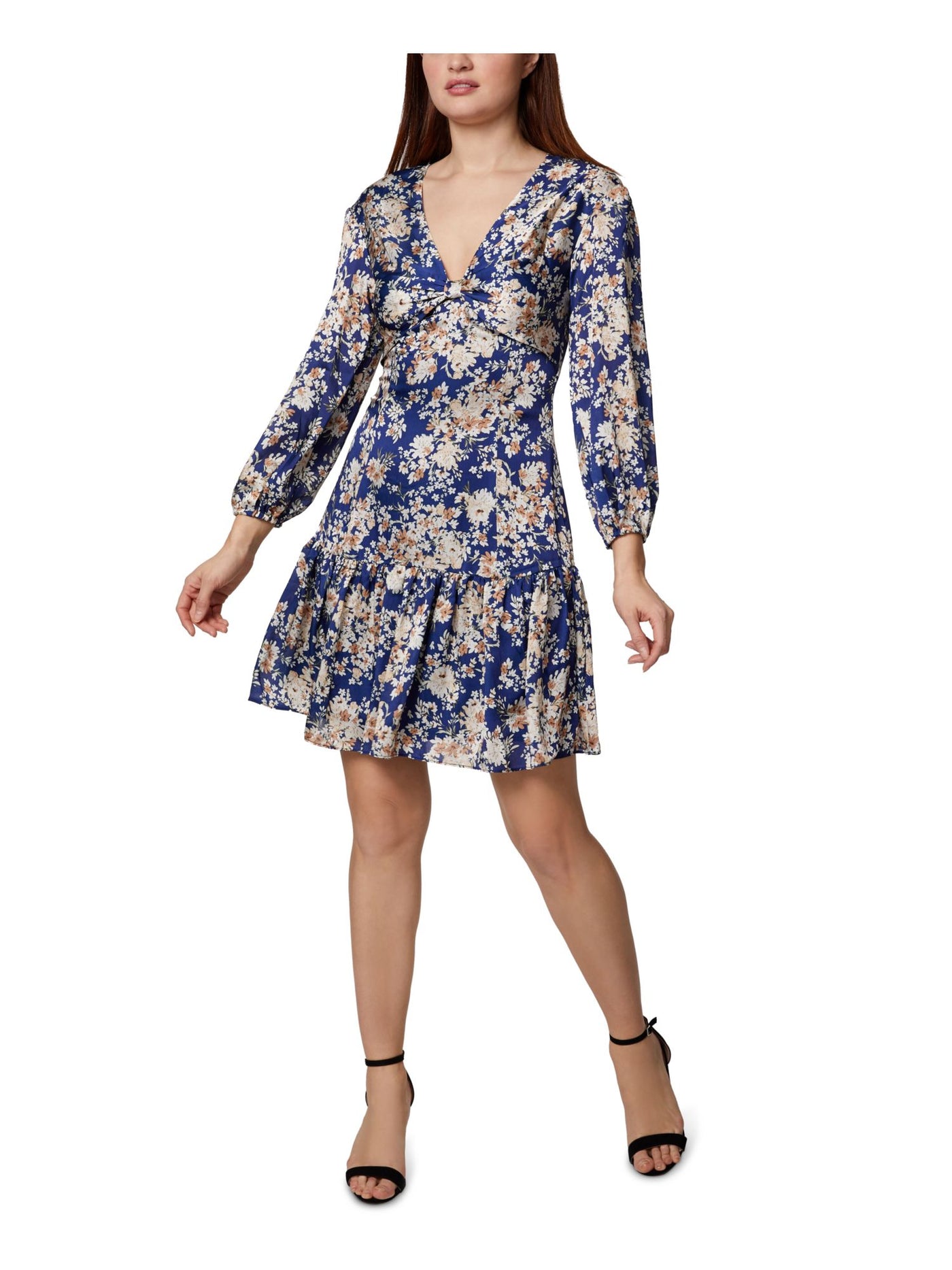 SAGE COLLECTIVE Womens Blue Zippered Ruffled Long Balloon-sleeve Knot Front Floral V Neck Mini Evening Fit + Flare Dress Petites 12P