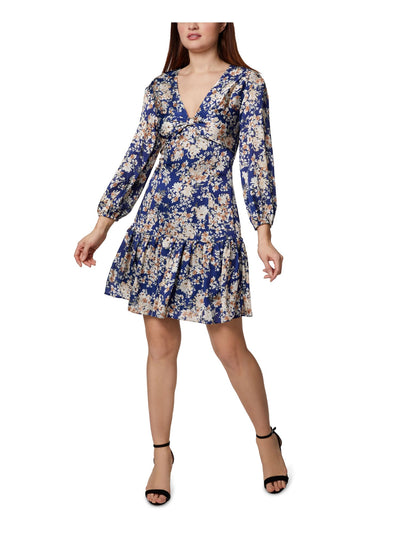SAGE COLLECTIVE Womens Blue Zippered Ruffled Long Balloon-sleeve Knot Front Floral V Neck Mini Evening Fit + Flare Dress Petites 8P