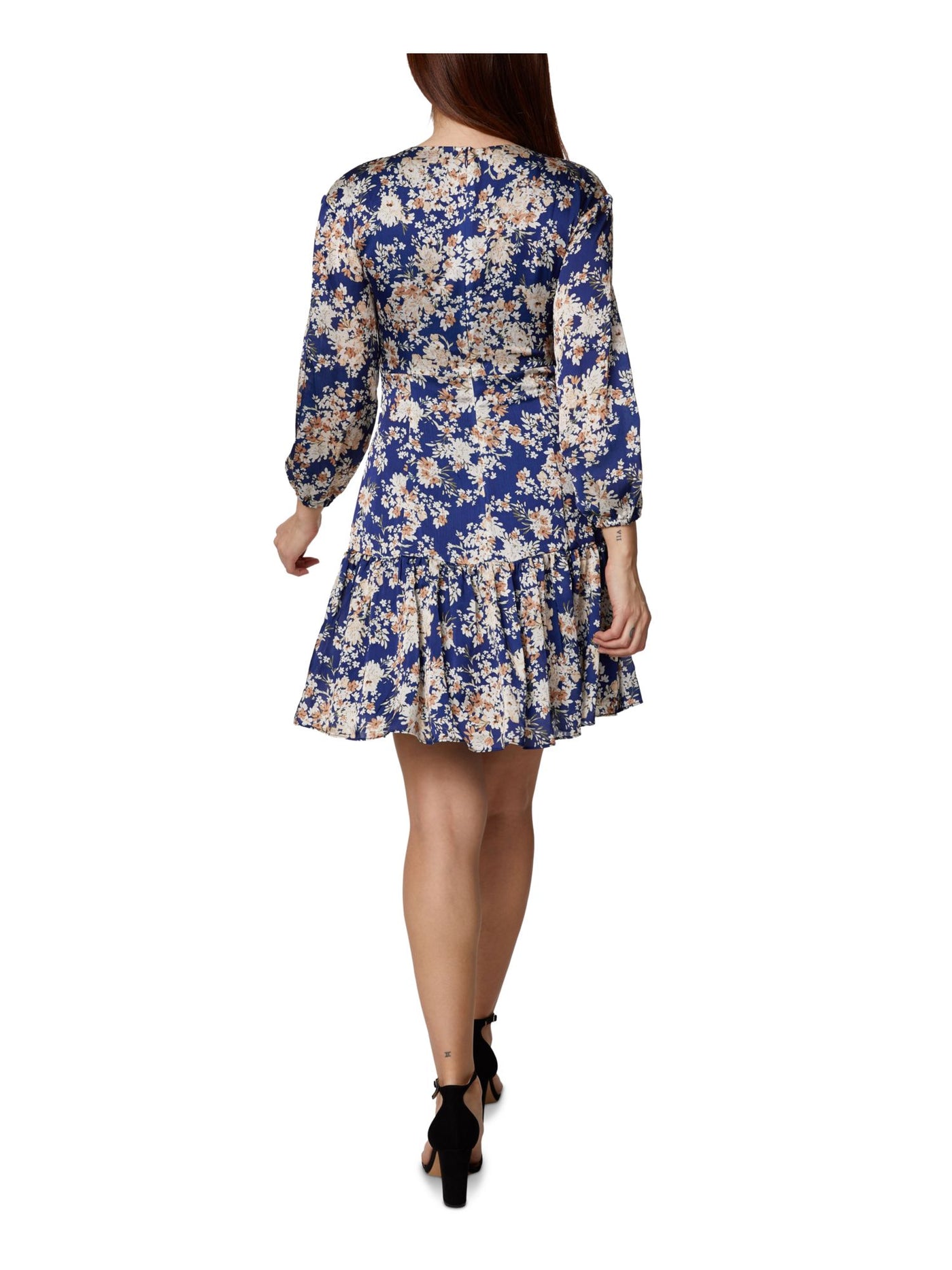 SAGE COLLECTIVE Womens Blue Zippered Ruffled Long Balloon-sleeve Knot Front Floral V Neck Mini Evening Fit + Flare Dress Petites 2P