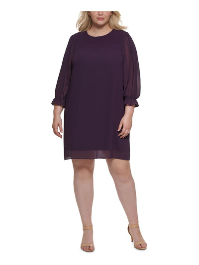 JESSICA HOWARD Womens Purple Stretch Smocked Ruffled Sheer Lined Long Sleeve Round Neck Above The Knee Evening Shift Dress Plus 22W
