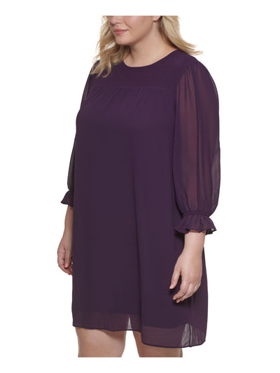 JESSICA HOWARD Womens Purple Stretch Smocked Ruffled Sheer Lined Long Sleeve Round Neck Above The Knee Evening Shift Dress Plus 22W