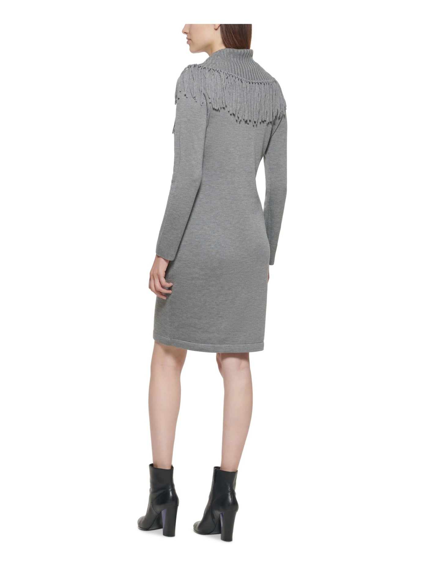CALVIN KLEIN Womens Fringed Ribbed Neck And Cuffs Long Sleeve Cowl Neck Above The Knee Wear To Work Sweater Dress