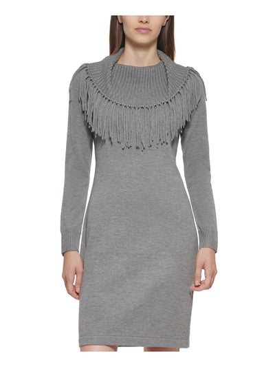 CALVIN KLEIN Womens Fringed Ribbed Neck And Cuffs Long Sleeve Cowl Neck Above The Knee Wear To Work Sweater Dress