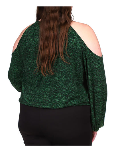 MICHAEL MICHAEL KORS Womens Green Cold Shoulder Animal Print Long Sleeve Round Neck Party Top Plus 2X
